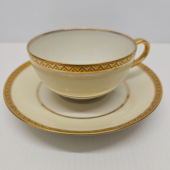Theodore Haviland Limoges White With Cream Band Gold Encrusted Teacup and Saucer - Picture 1 of 8